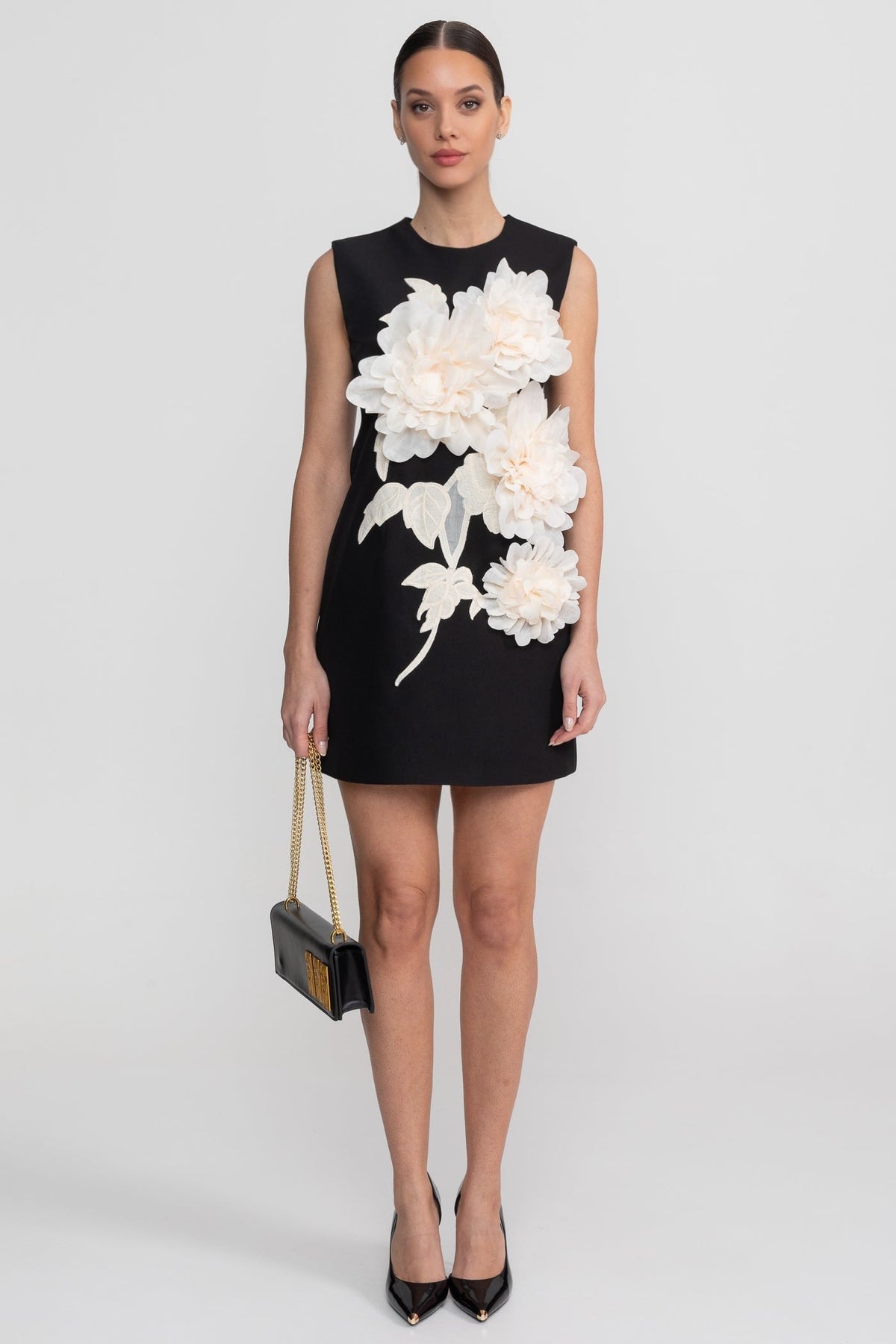 Round Neck 3D Floral Appliqué Mini Dress with Wide Straps – Black