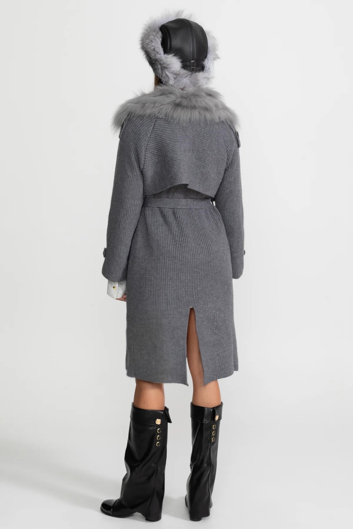Double-Breasted Wool Knit Belted Overcoat with Collar Trim – Grey – view 6