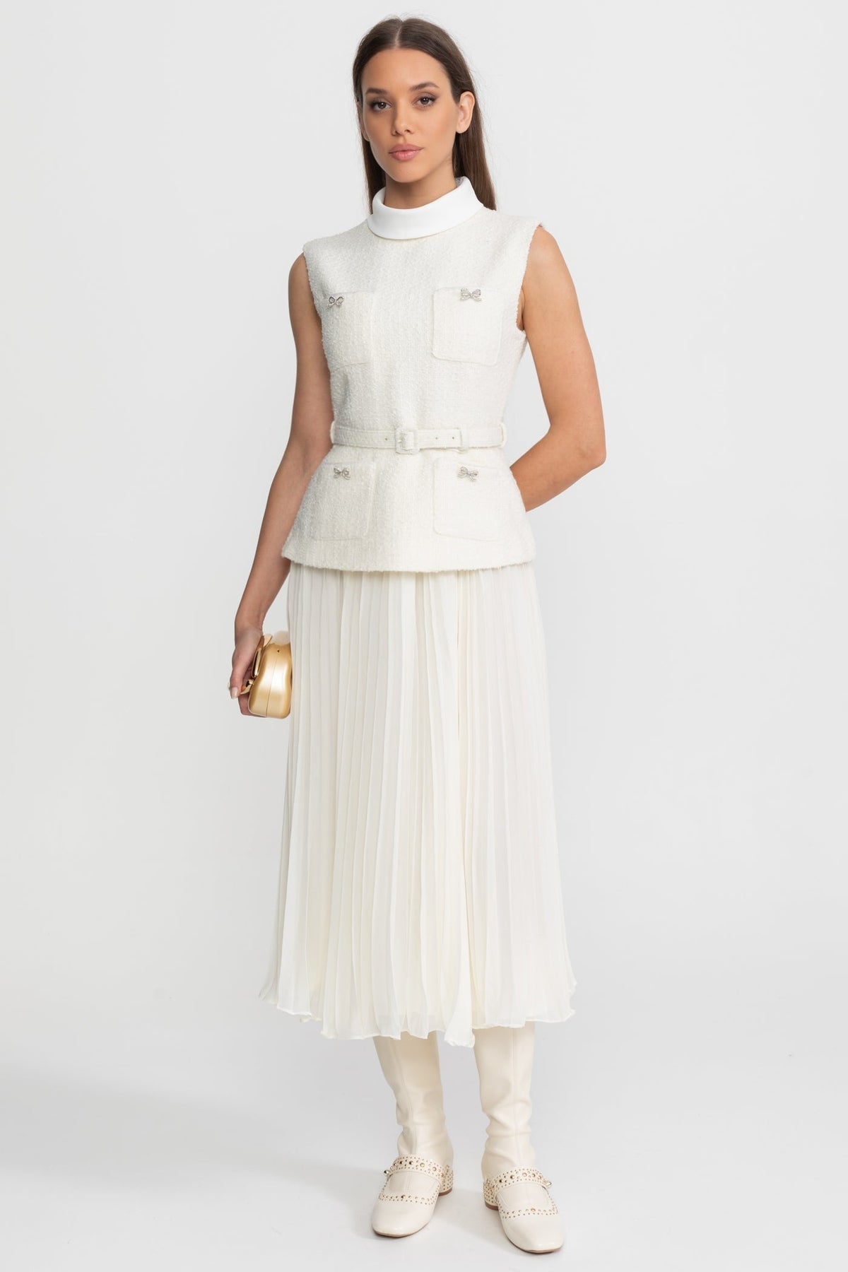Sleeveless Textured Midi Dress with Pleated Chiffon Skirt – Ivory