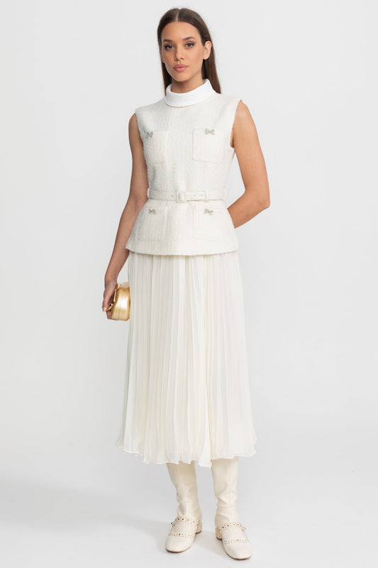 Sleeveless Textured Midi Dress with Pleated Chiffon Skirt – Ivory