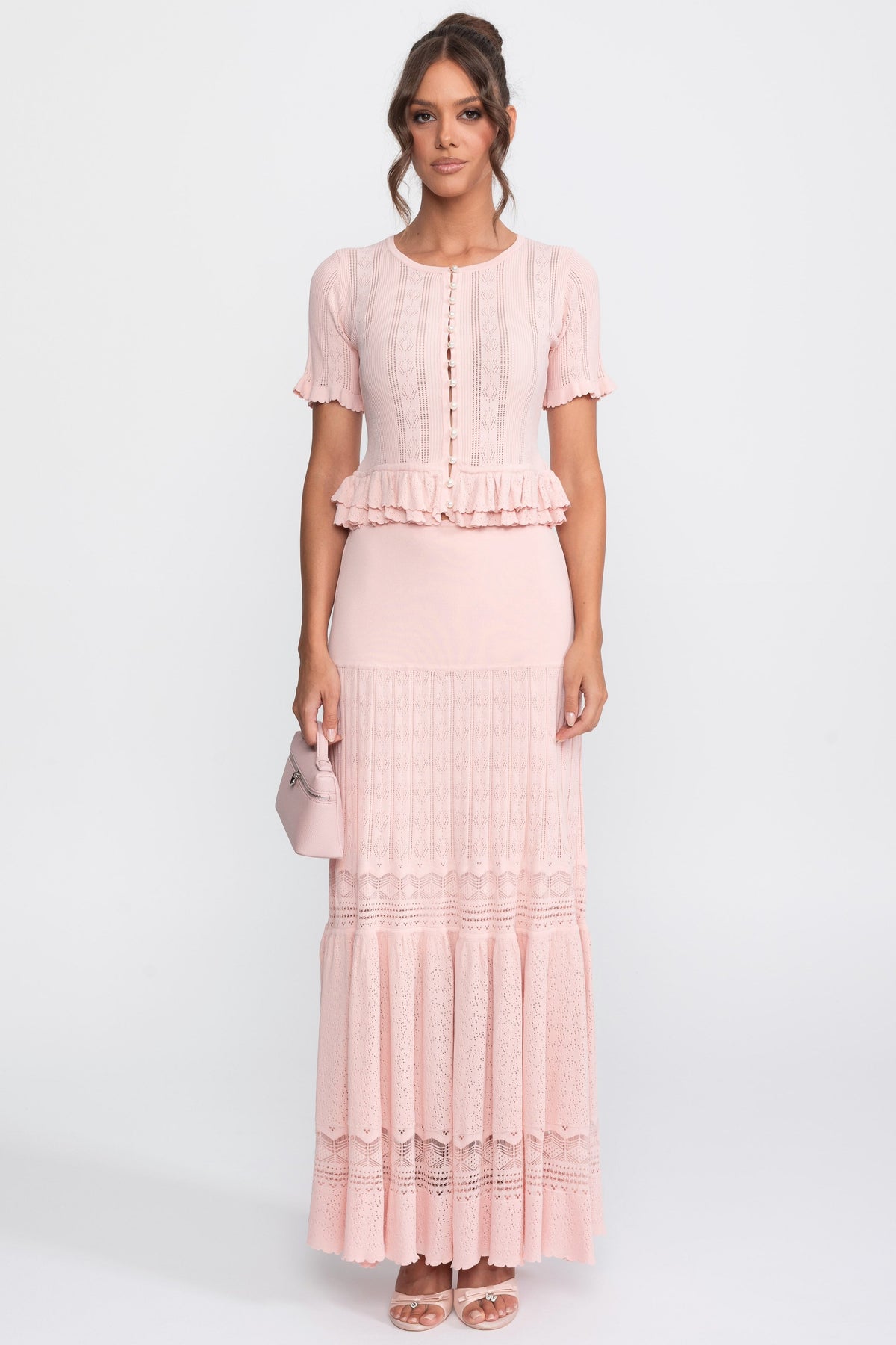 Ruffled Waist Knit Top and Maxi Skirt Set with Pearl Buttons – Pink – view 2
