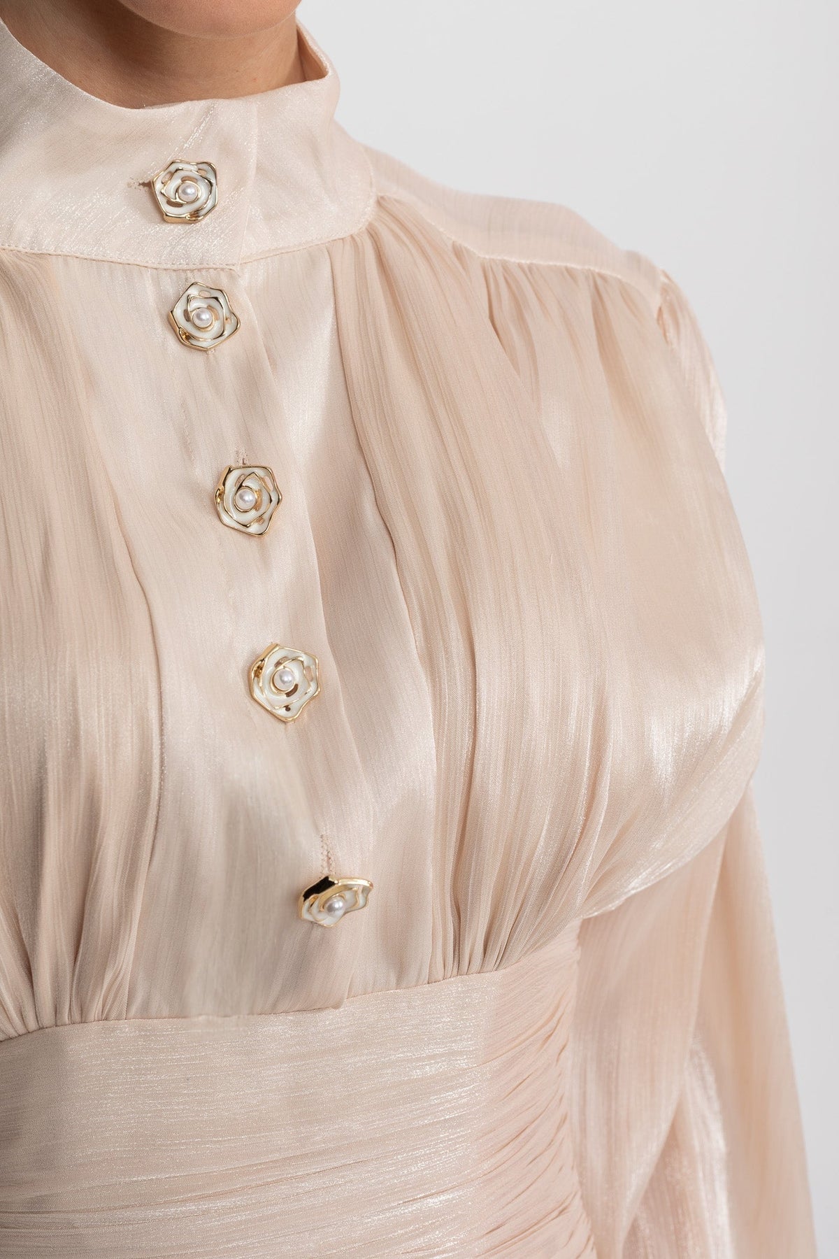 Stand Collar Balloon Sleeve Mini Dress with Tiered Ruffle Skirt – Champagne – view 9