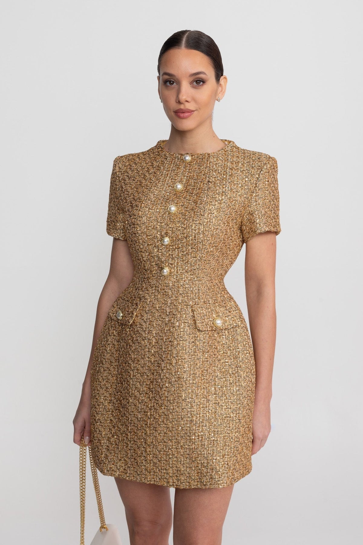 Metallic Tweed A-Line Mini Dress with Pearl-Effect Buttons – Gold – view 5