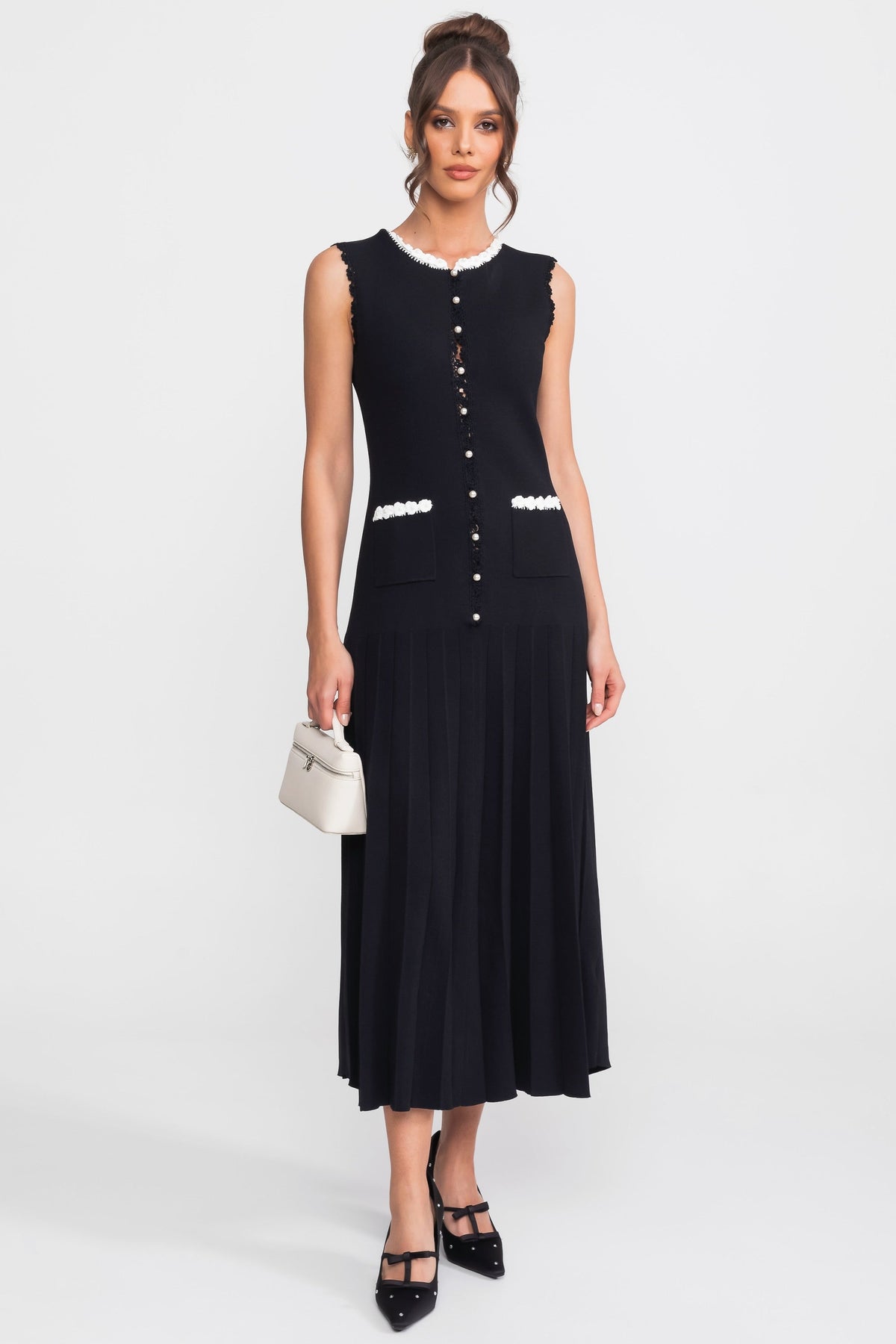 Sleeveless Knit Midi Dress with Pearl Trim and Pleated Skirt – Black