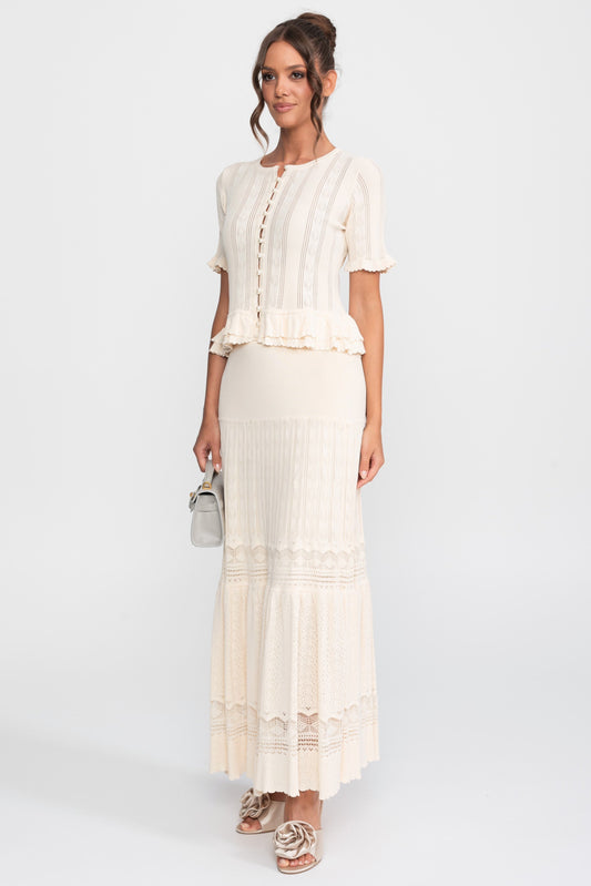 Ruffled Waist Knit Top and Maxi Skirt Set with Pearl Buttons – Ivory – view 2