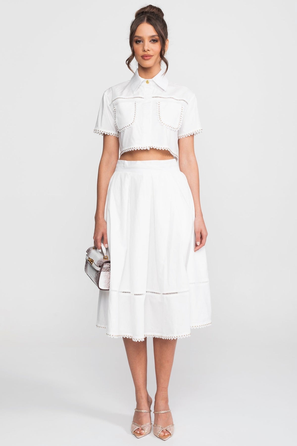 Broderie Trim Cropped Shirt and A-Line Midi Skirt Co-ord Set – White