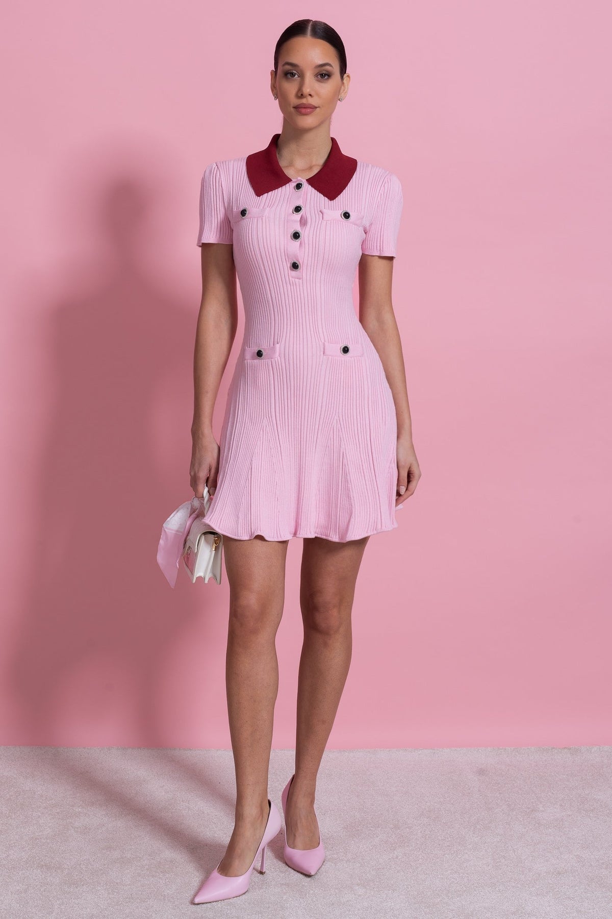 Ribbed Knit Contrast Collar Button Front Mini Dress – Blush Pink – view 6