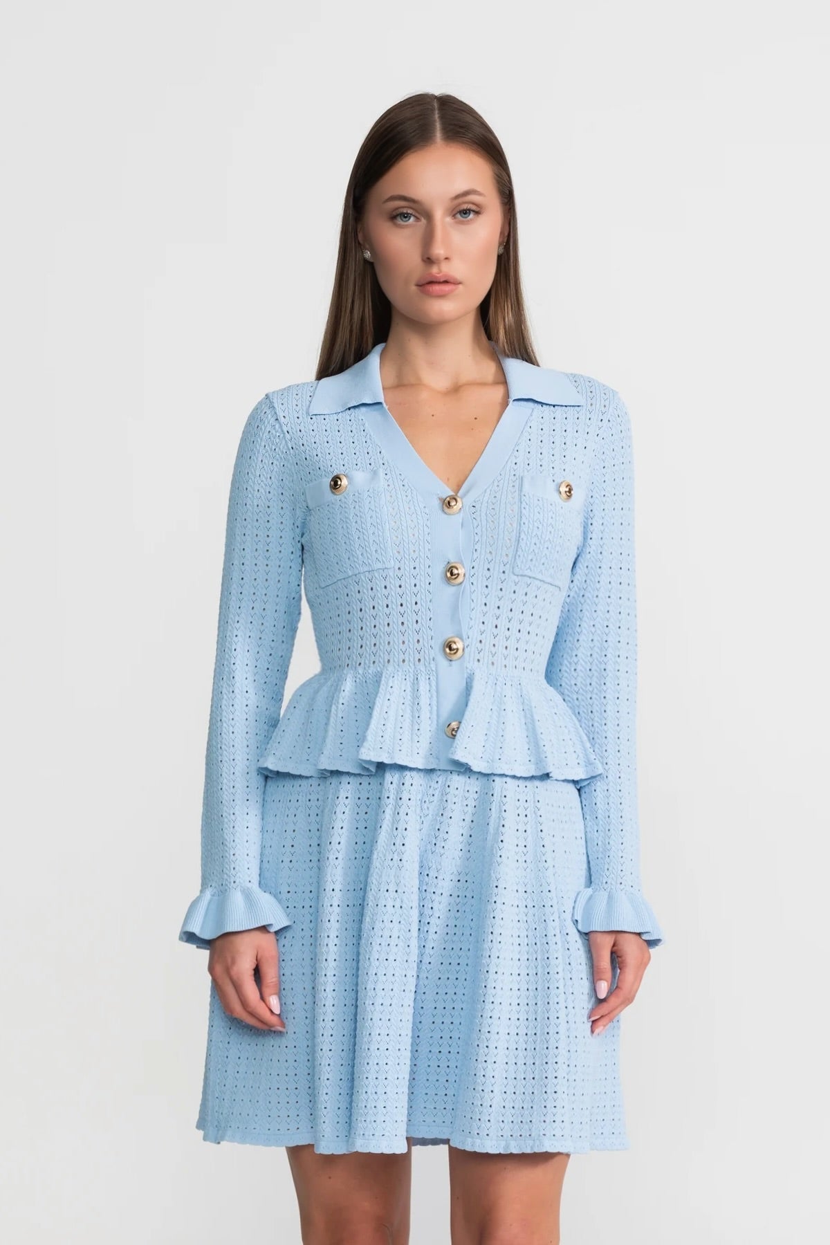 Collared Knit Mini Dress with Peplum Waist and Gold Buttons – Light Blue