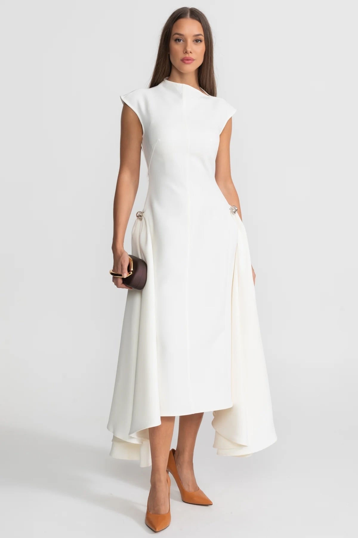 Structured Crepe Midi Dress with Ring Details and High-Low Hem – White