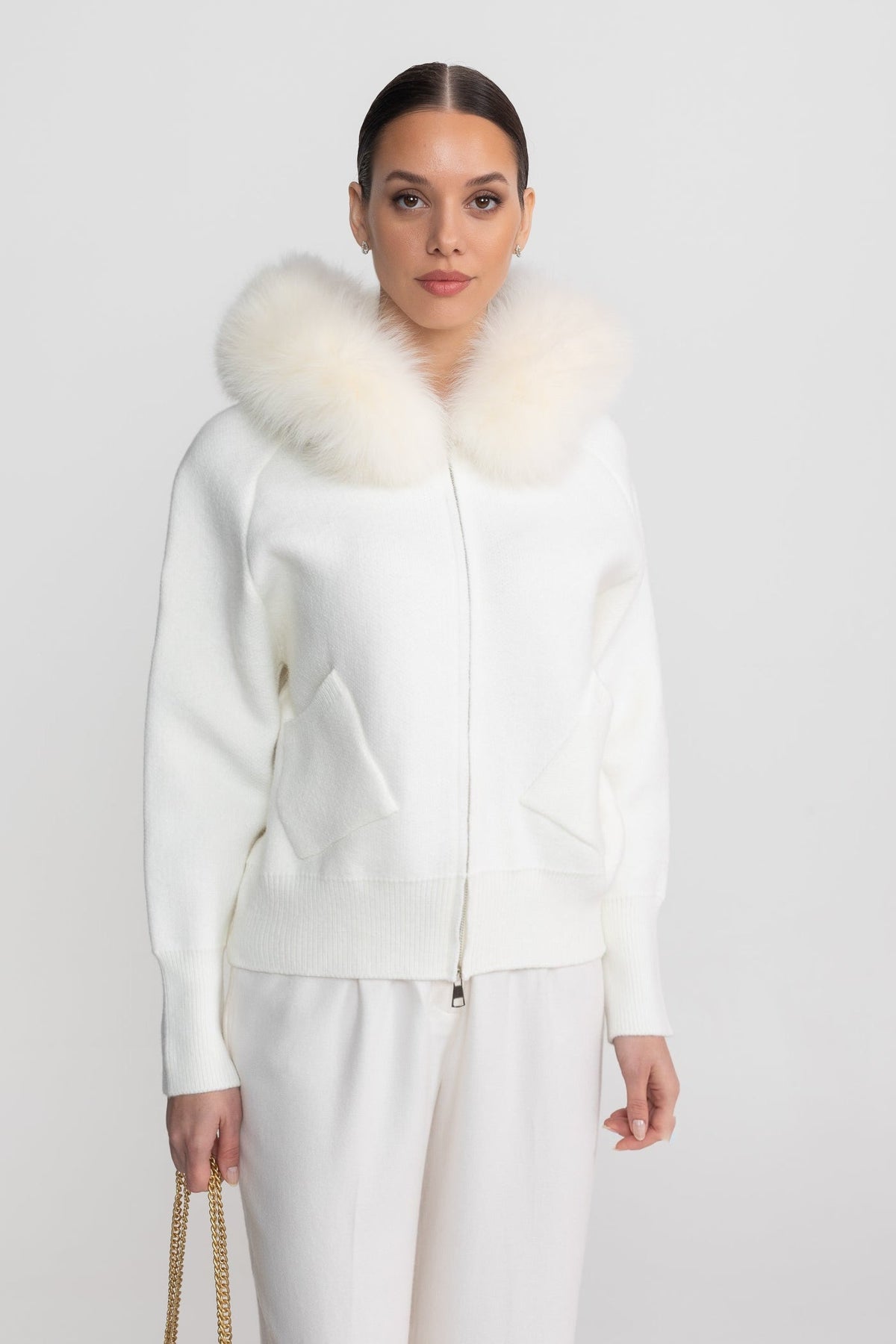 Zip-Up Wool Blend Knit Hoodie – Ivory
