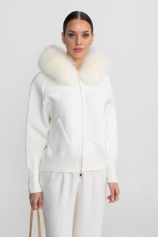 Zip-Up Wool Blend Knit Hoodie – Ivory