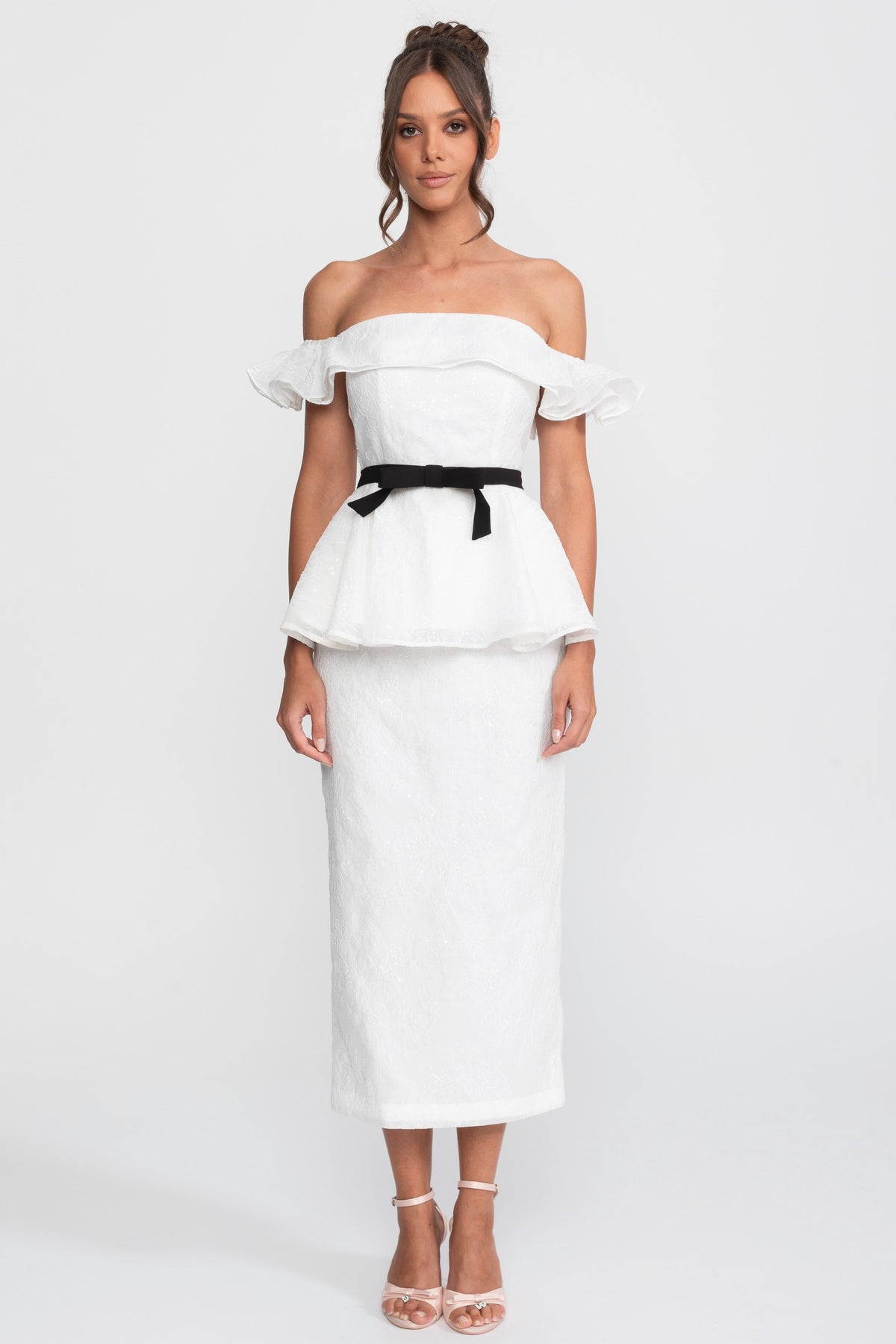 Sequin Off-Shoulder Peplum Top and Pencil Midi Skirt Set with Ribbon Bow – White