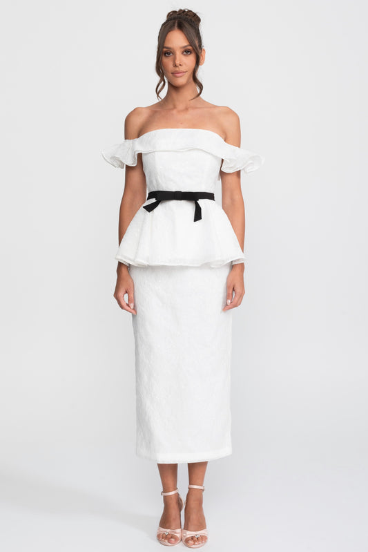 Sequin Off-Shoulder Peplum Top and Pencil Midi Skirt Set with Ribbon Bow – White