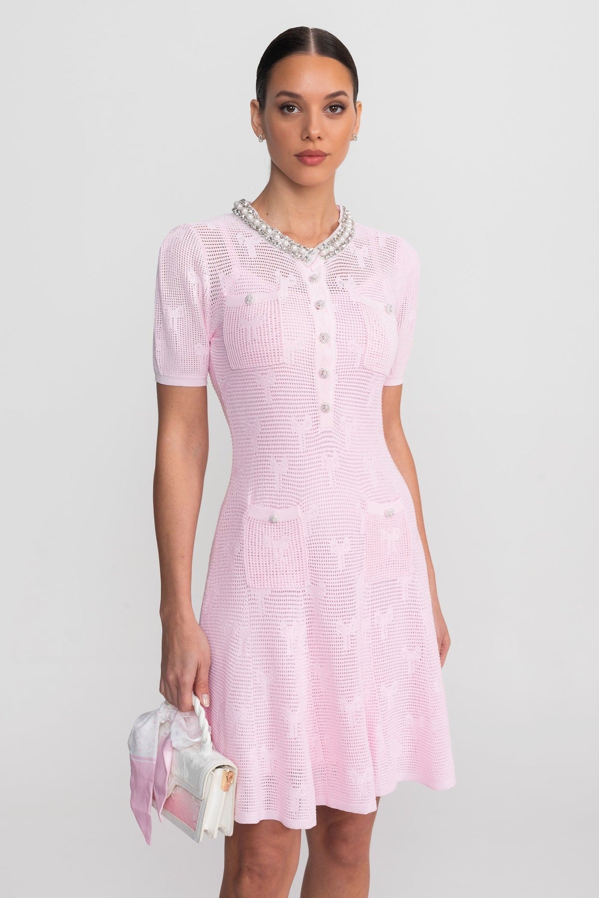 Textured Knit A-Line Mini Dress with Pearl Trim Neckline – Pink