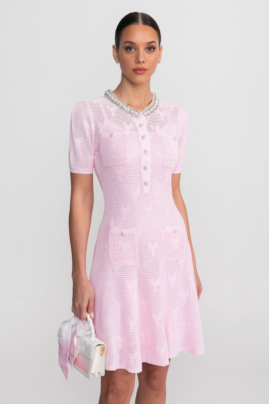 Textured Knit A-Line Mini Dress with Pearl Trim Neckline – Pink