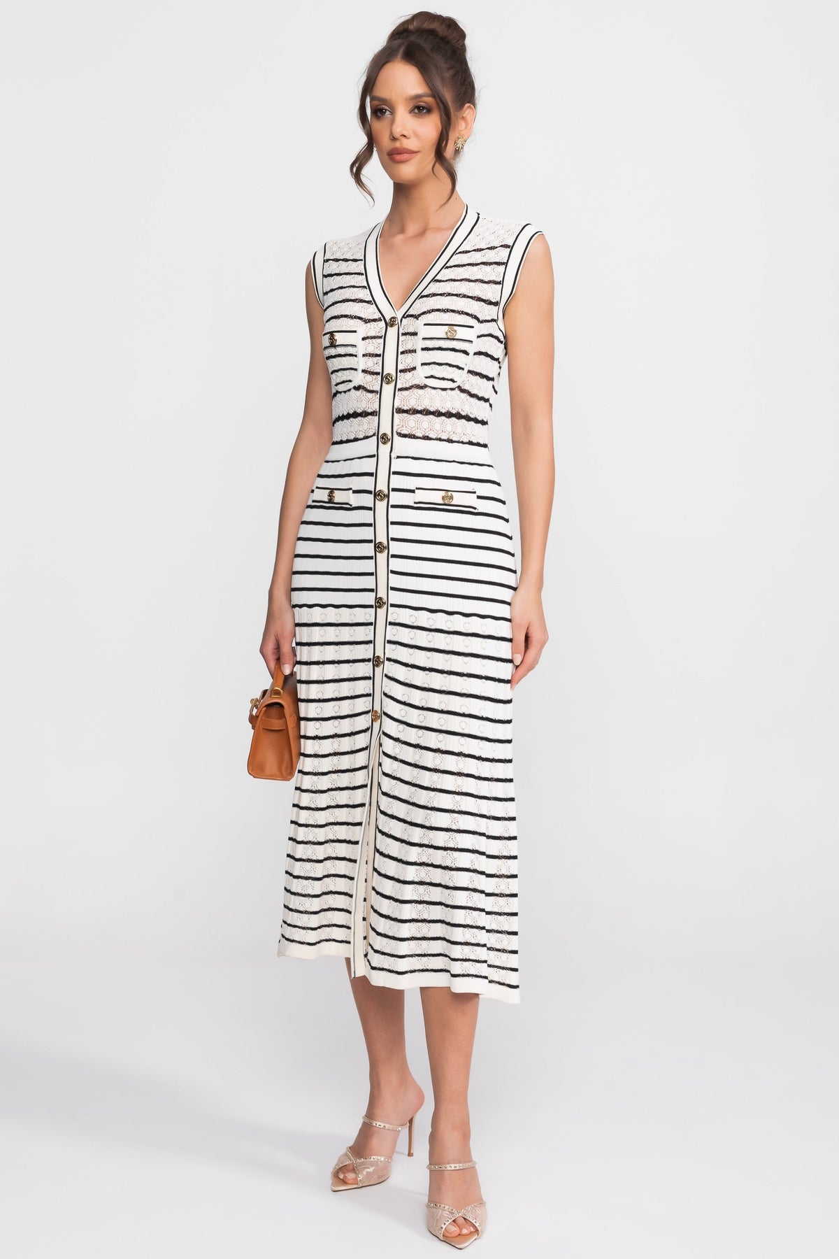 Striped Knit V-Neck Button-Through Midi Dress – White and Black – view 3