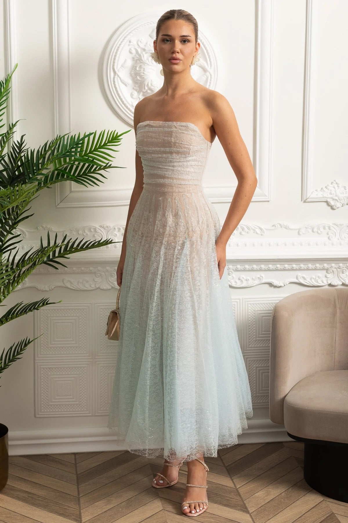 Strapless Tulle Midi Dress with Iridescent Sparkle – Turquoise Gradient