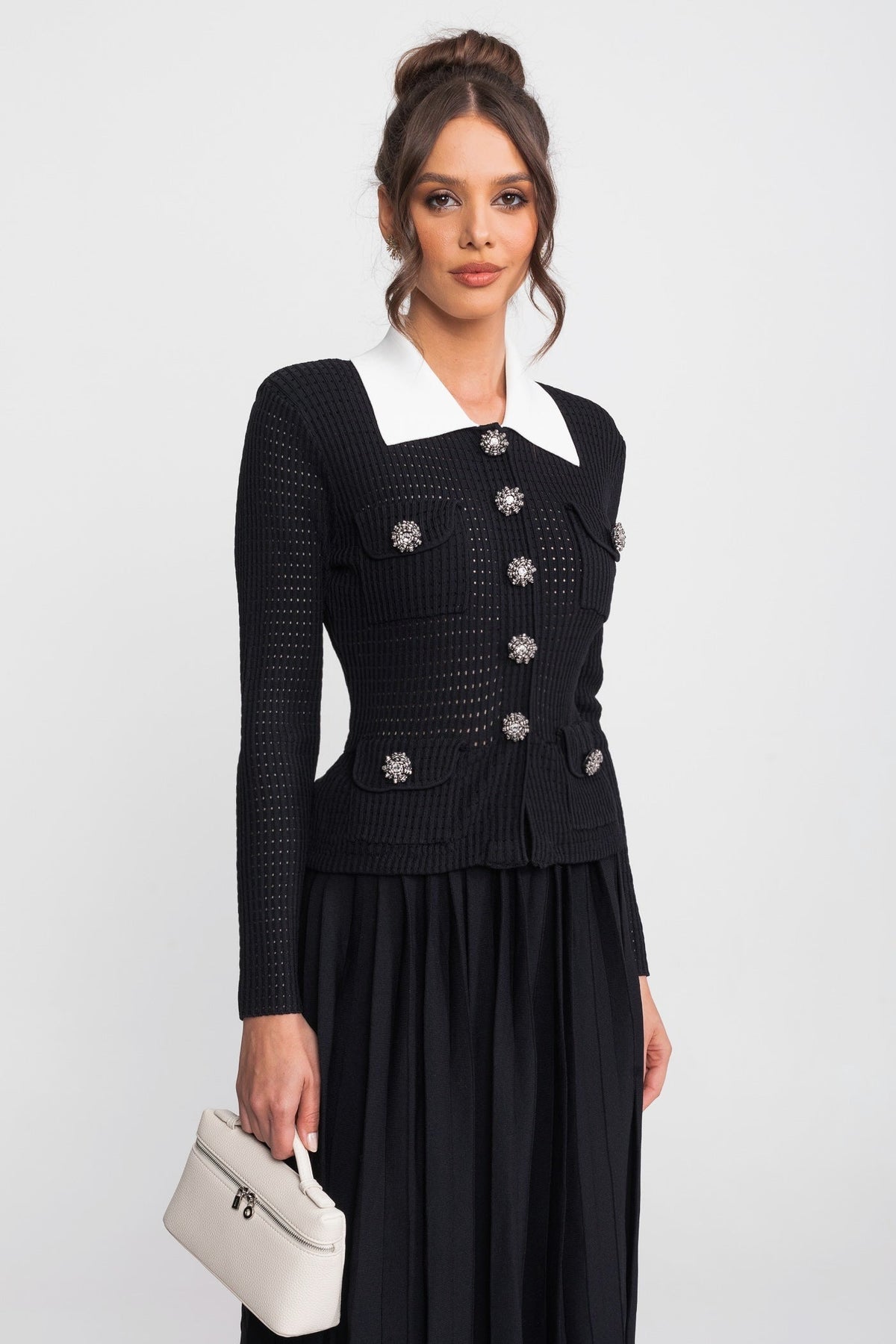 Open-Knit Polo Collar Button-Through Dress with Pleated Midi Skirt – Black – view 2
