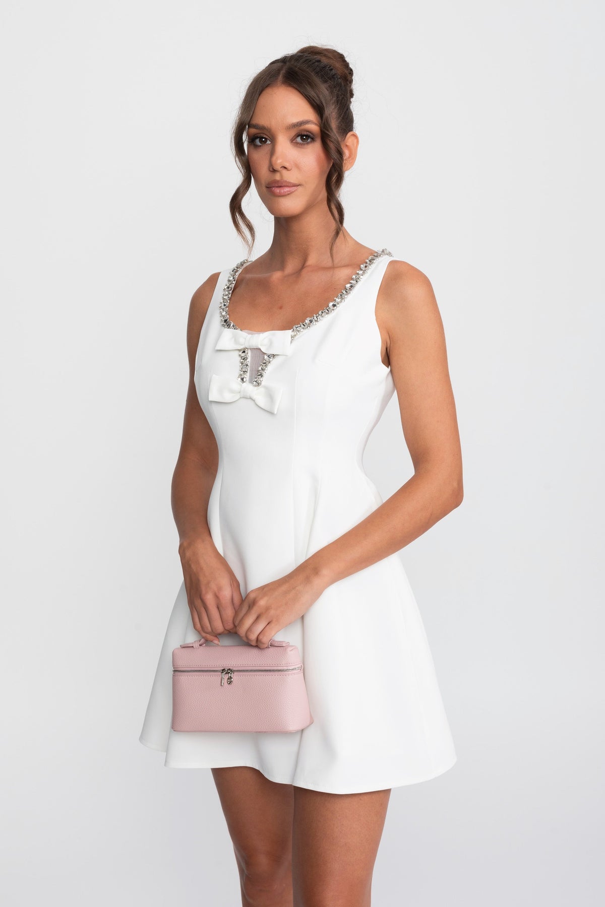 Sleeveless Crystal Trim Fit and Flare Mini Dress with Bows – White – view 5