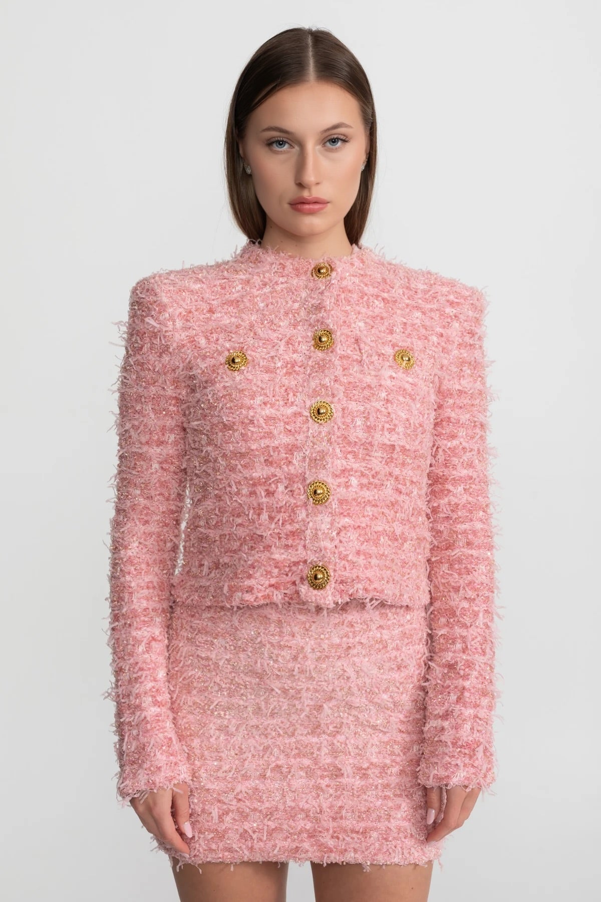 Round Neck Textured Tweed Jacket with Gold Buttons – Pink