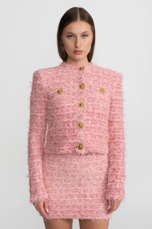 Round Neck Textured Tweed Jacket with Gold Buttons – Pink