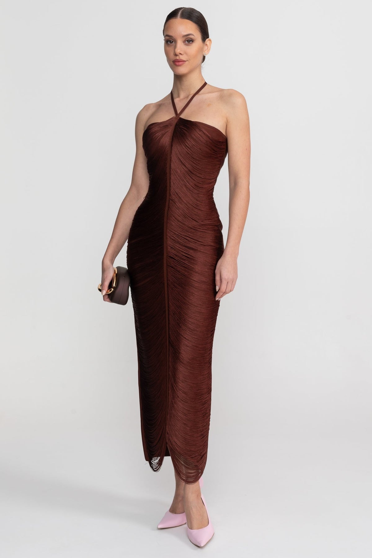 Pleated Halter Neck Body-Contouring Dress with Front Slit – Brown – view 3