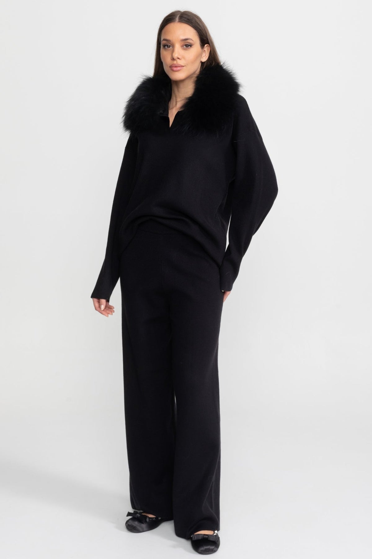 Knit Lounge Top and Straight Leg Trousers Set – Black – view 1