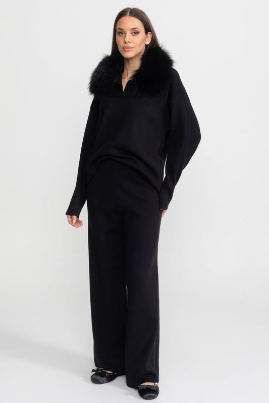Knit Lounge Top and Straight Leg Trousers Set – Black