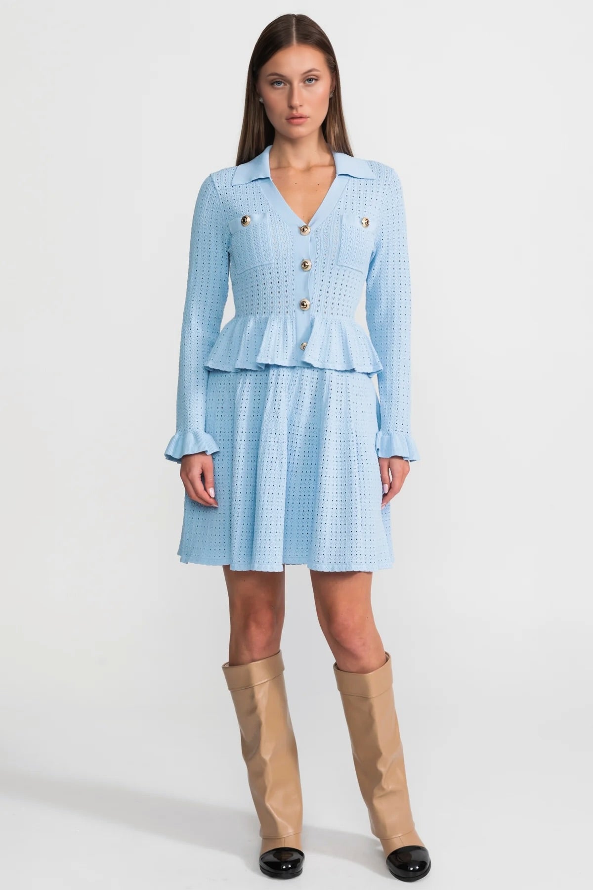 Collared Knit Mini Dress with Peplum Waist and Gold Buttons – Light Blue – view 3