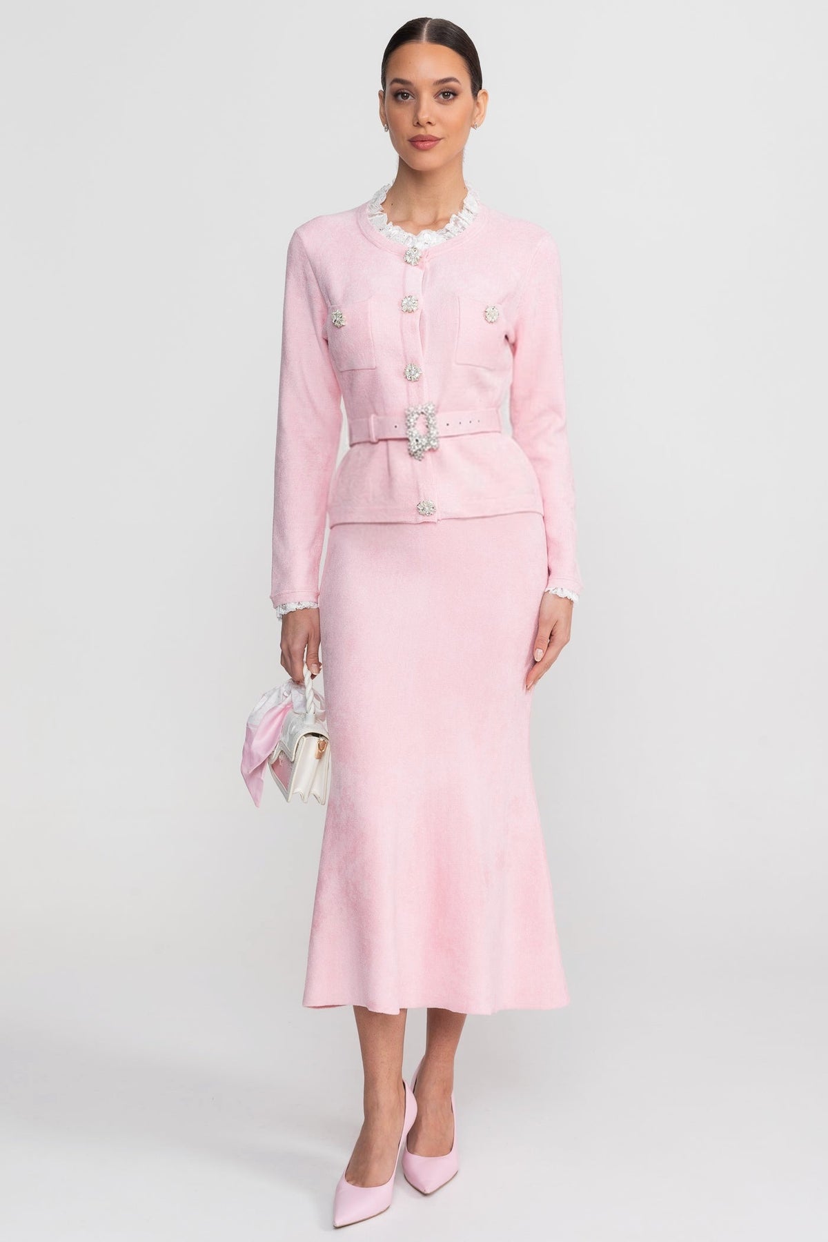 Lace Trim Knit Cardigan and Midi Skirt Co-ord with Crystal Buttons – Blush Pink