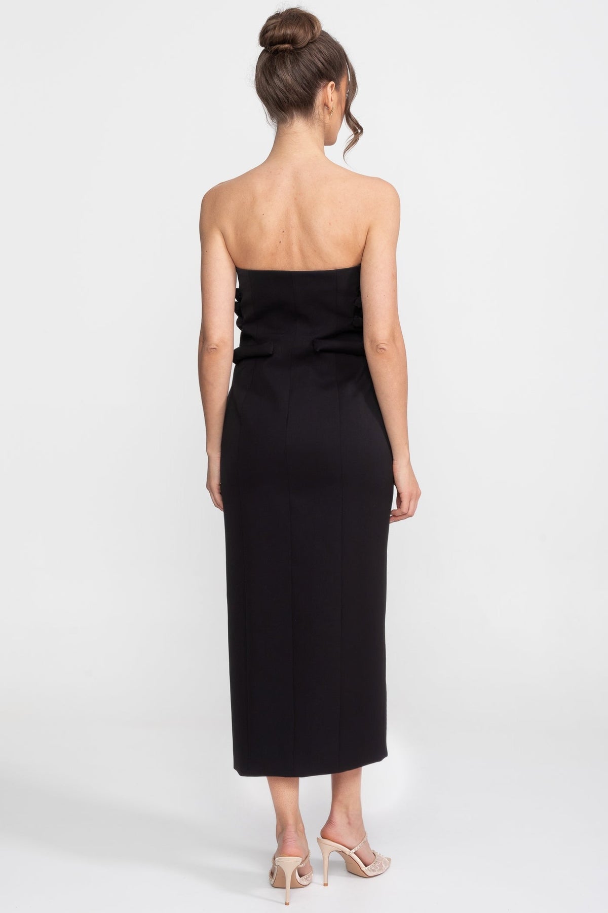 Strapless Midi Dress with Sculptural Knotted Bodice and Jewel Buttons – Black – view 5