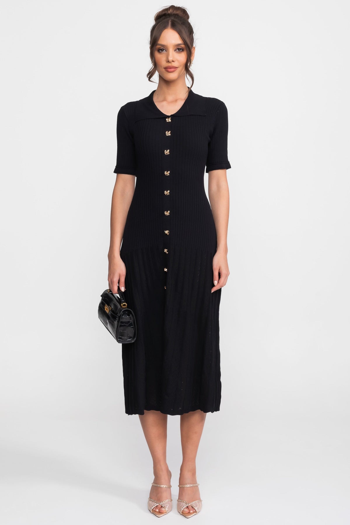 Ribbed Knit Peter Pan Collar Midi Dress with Pleated Skirt – Black – view 2