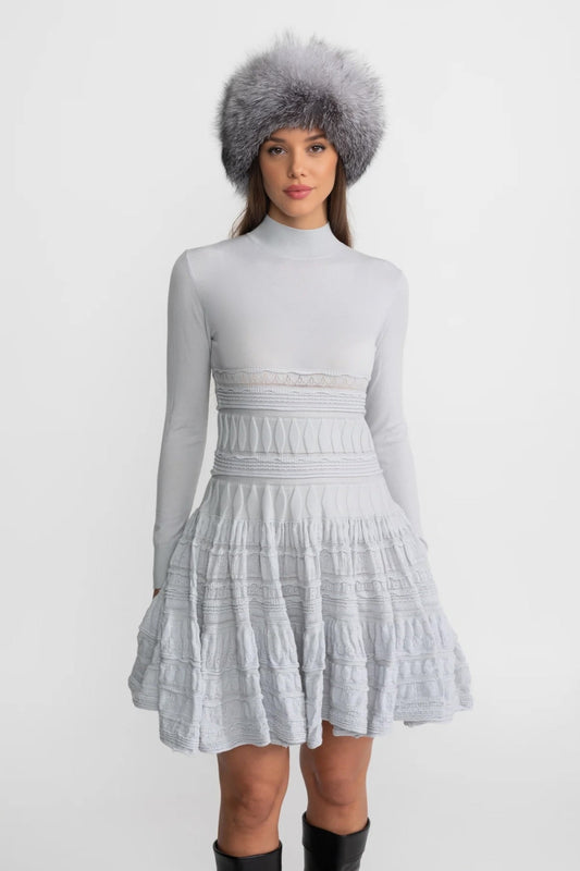 Textured Knit Mini Dress with Tiered Flared Skirt – Light Grey – view 2