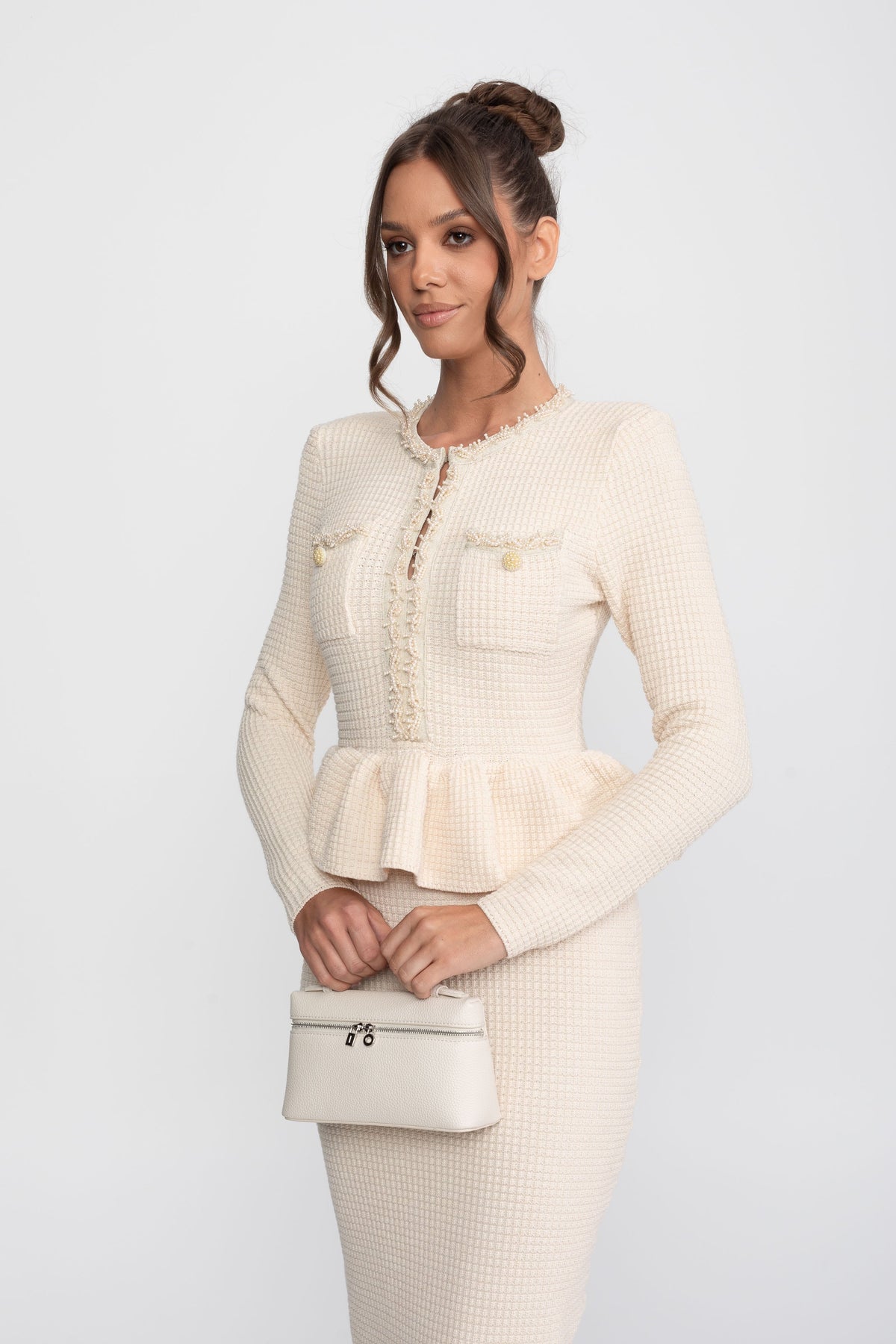 Fringe Trim Long Sleeve Knit Peplum Pencil Dress with Pockets – Beige – view 3