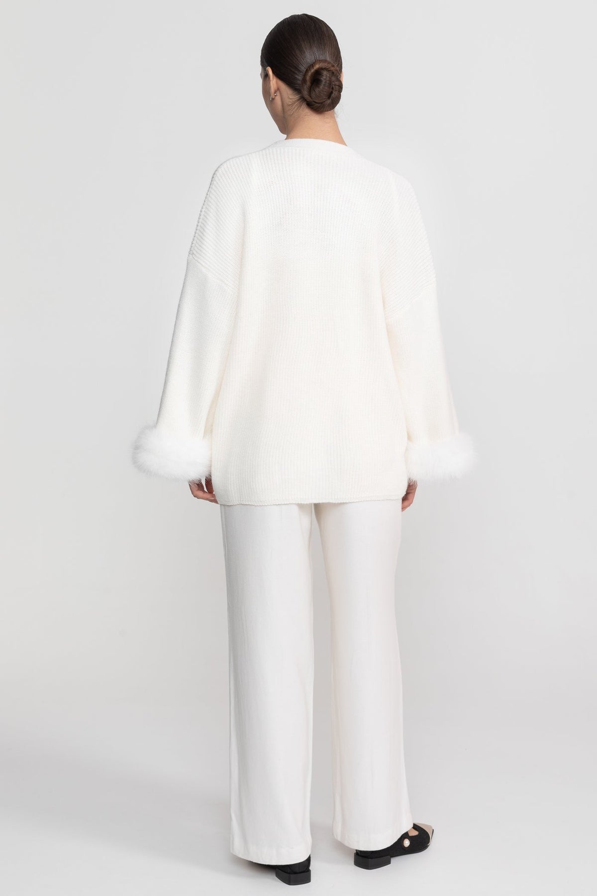 Crystal Knit Camisole and Longline Cardigan Set with Feather Cuffs – White – view 7