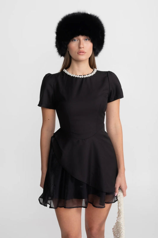 Pearl Trim Crew Neck Satin Mini Dress with Draped Asymmetric Skirt – Black