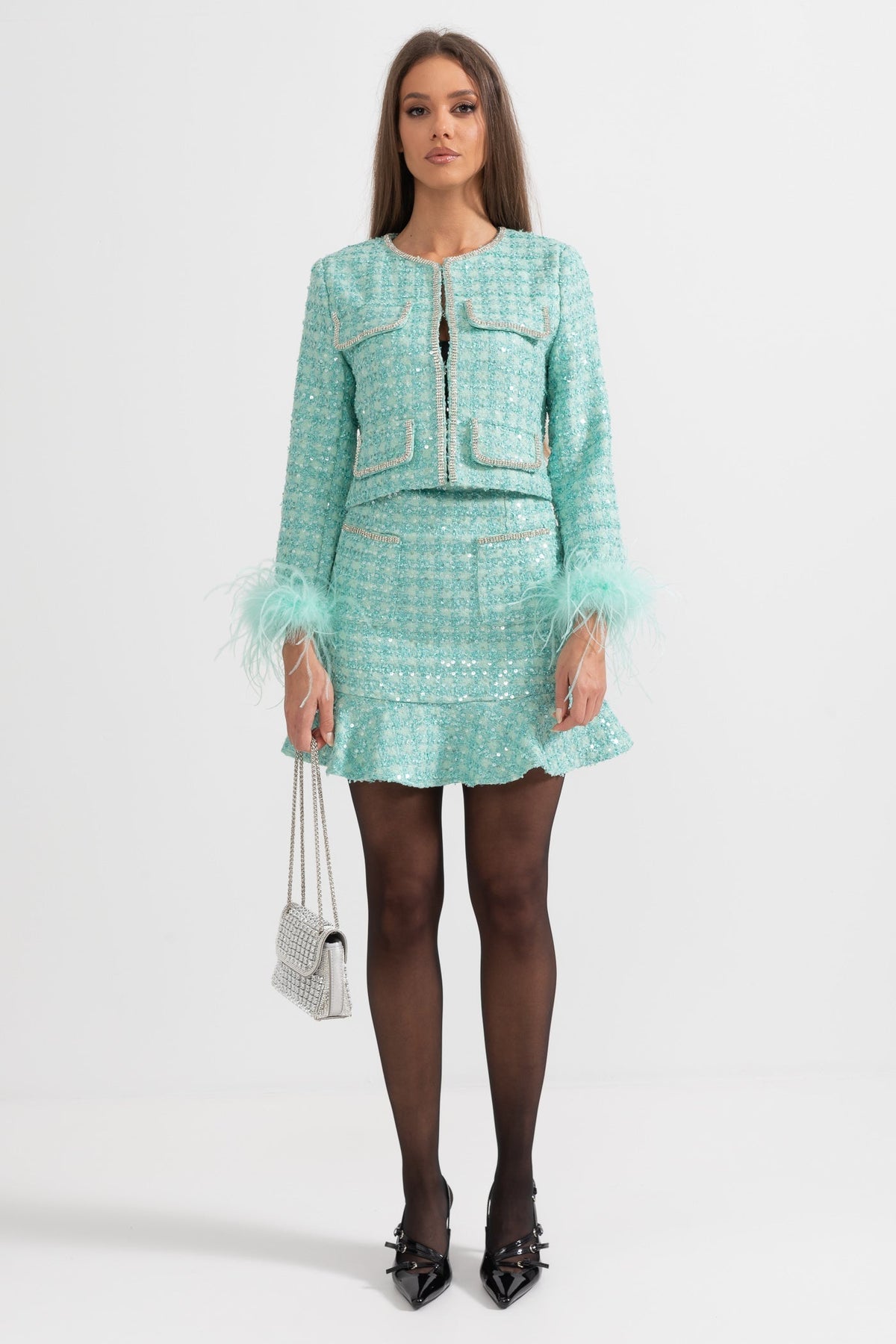 Sparkling Knit Jacket and Ruffle Hem Skirt Set – Mint Green – view 3