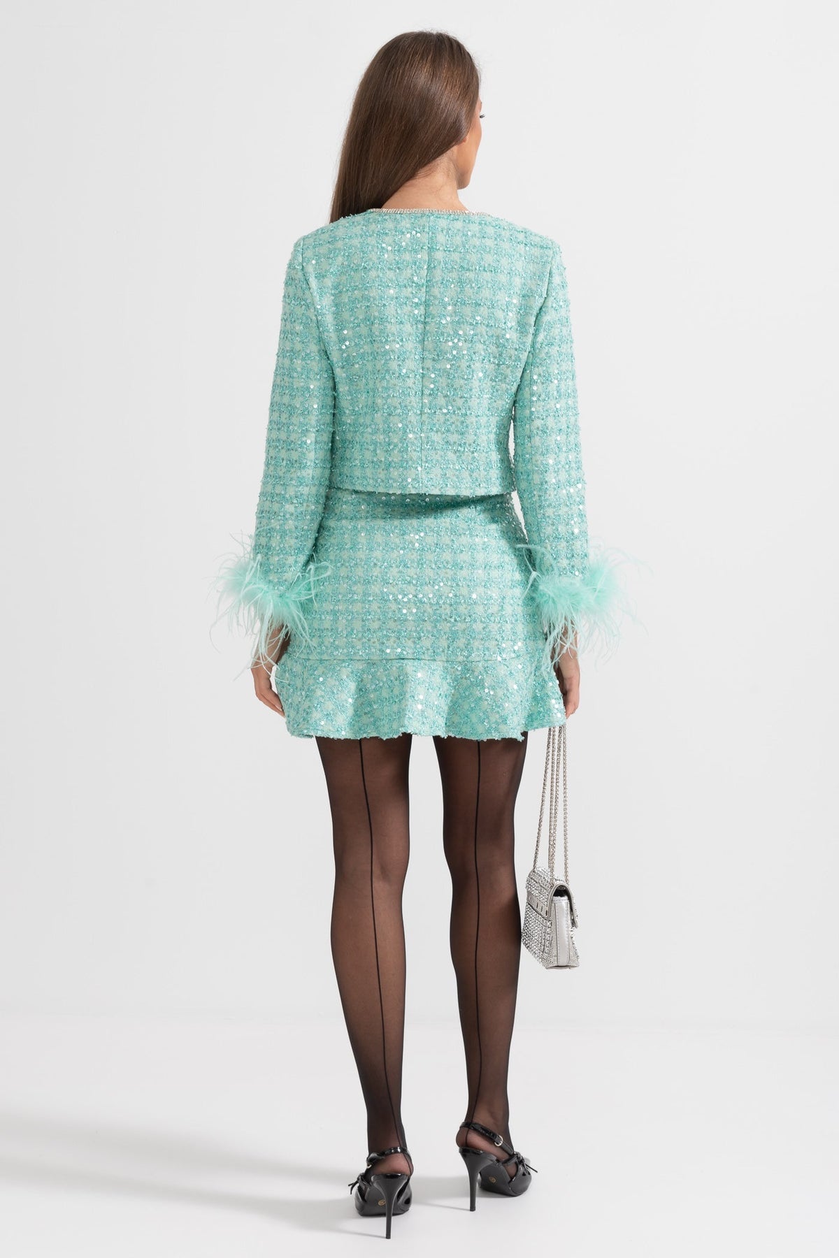 Sparkling Knit Jacket and Ruffle Hem Skirt Set – Mint Green