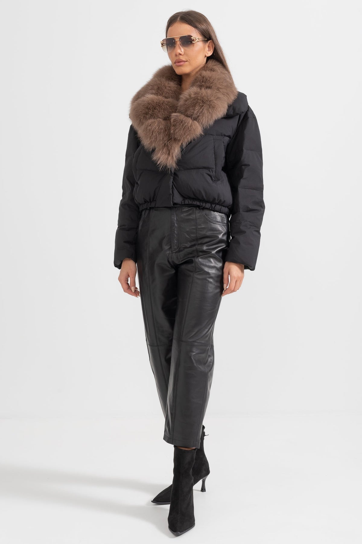 Duck Down Puffer Jacket with Brown Lined Hood – Black – view 2