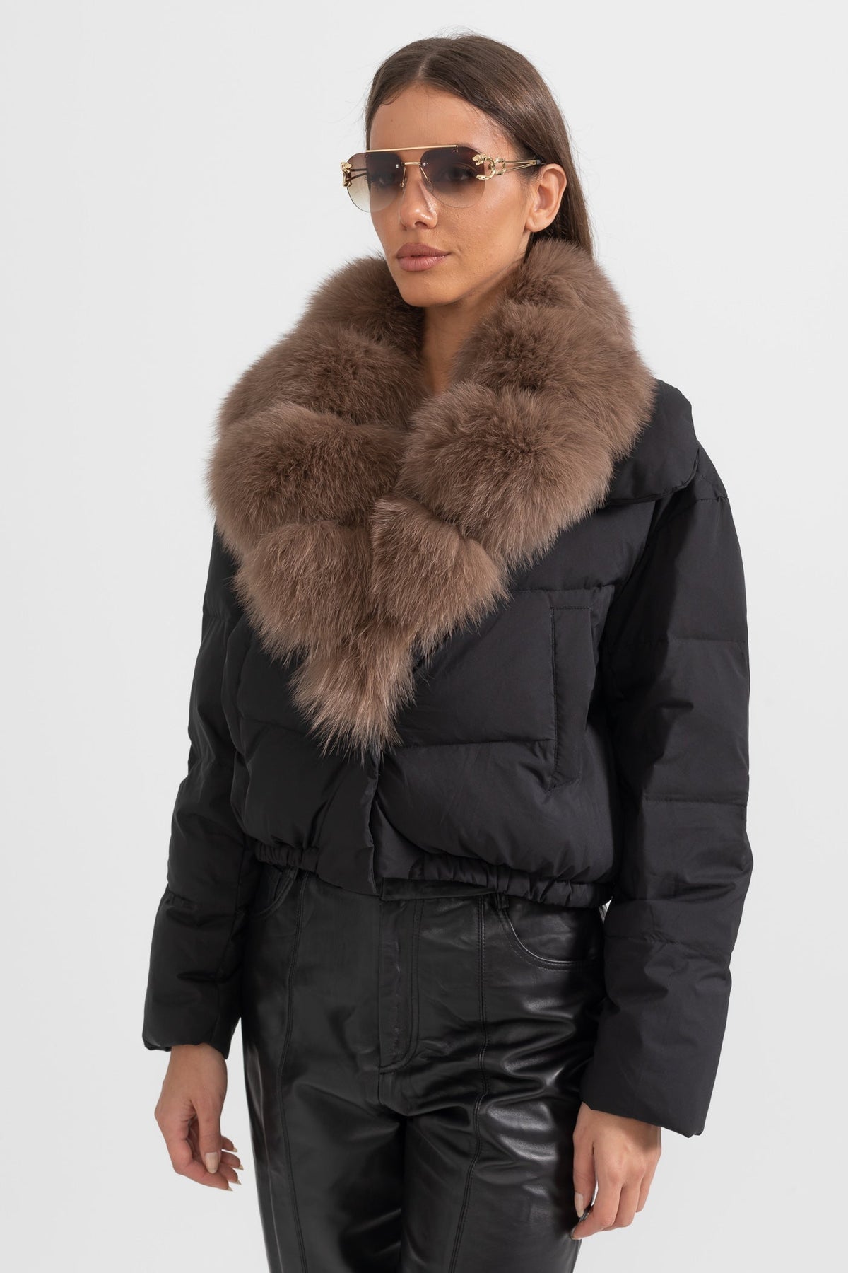 Duck Down Puffer Jacket with Brown Lined Hood – Black – view 7