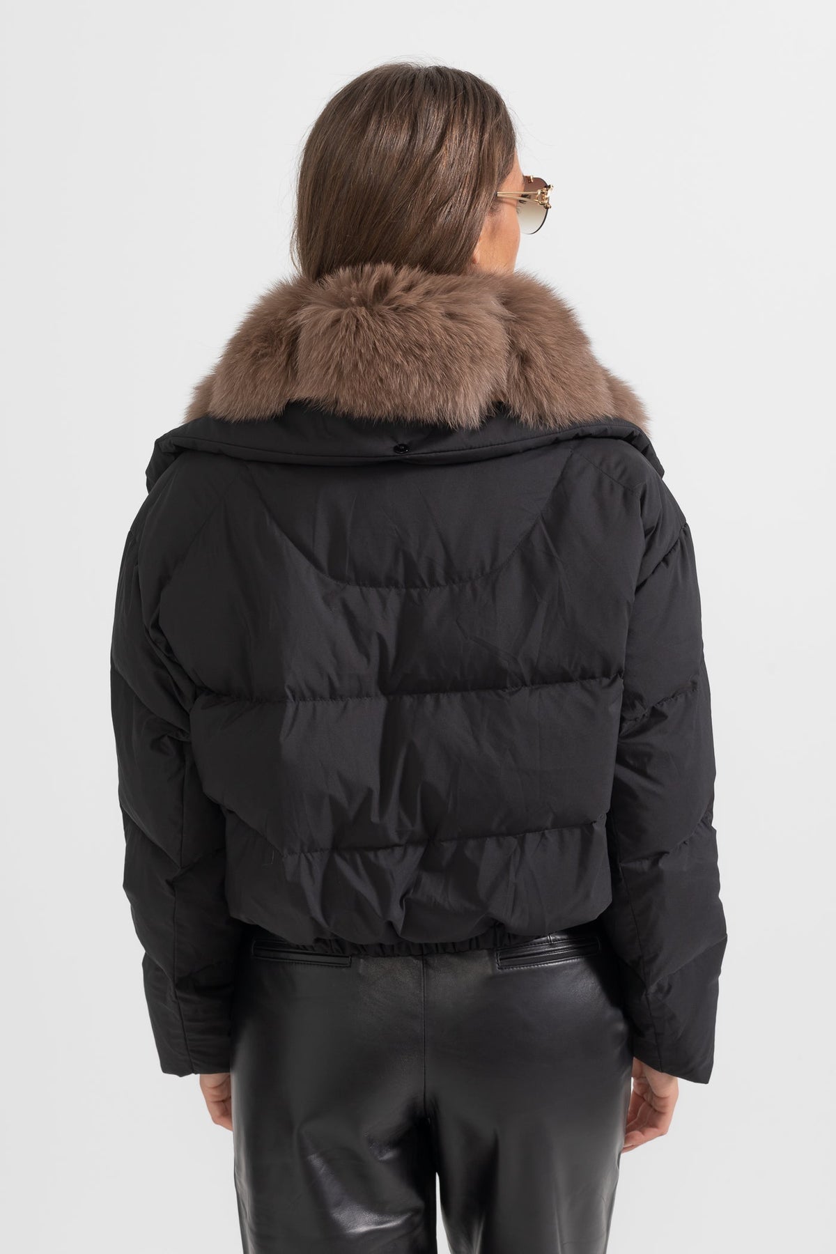 Duck Down Puffer Jacket with Brown Lined Hood – Black – view 8