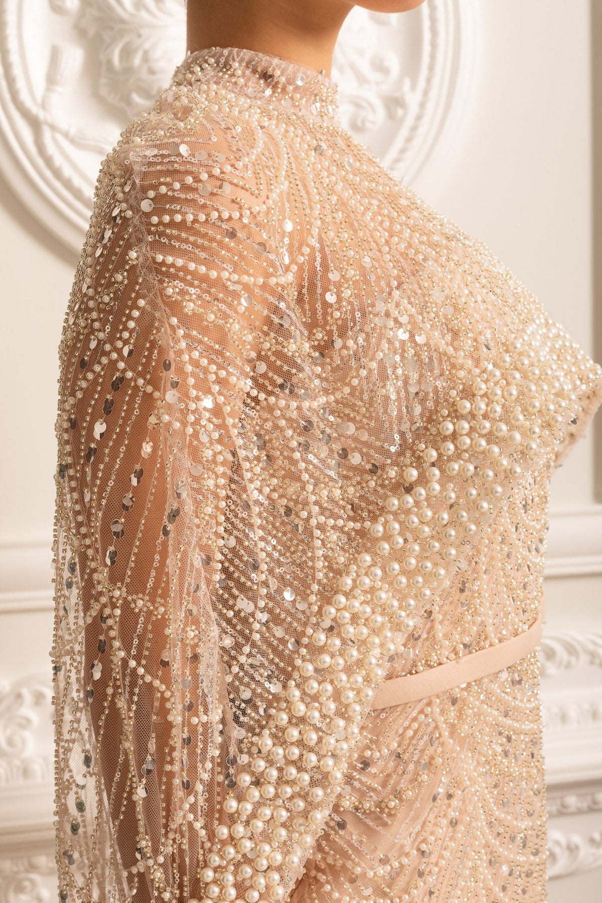 Beaded Sheer Corset Gown with Detachable Veil – Beige – view 13