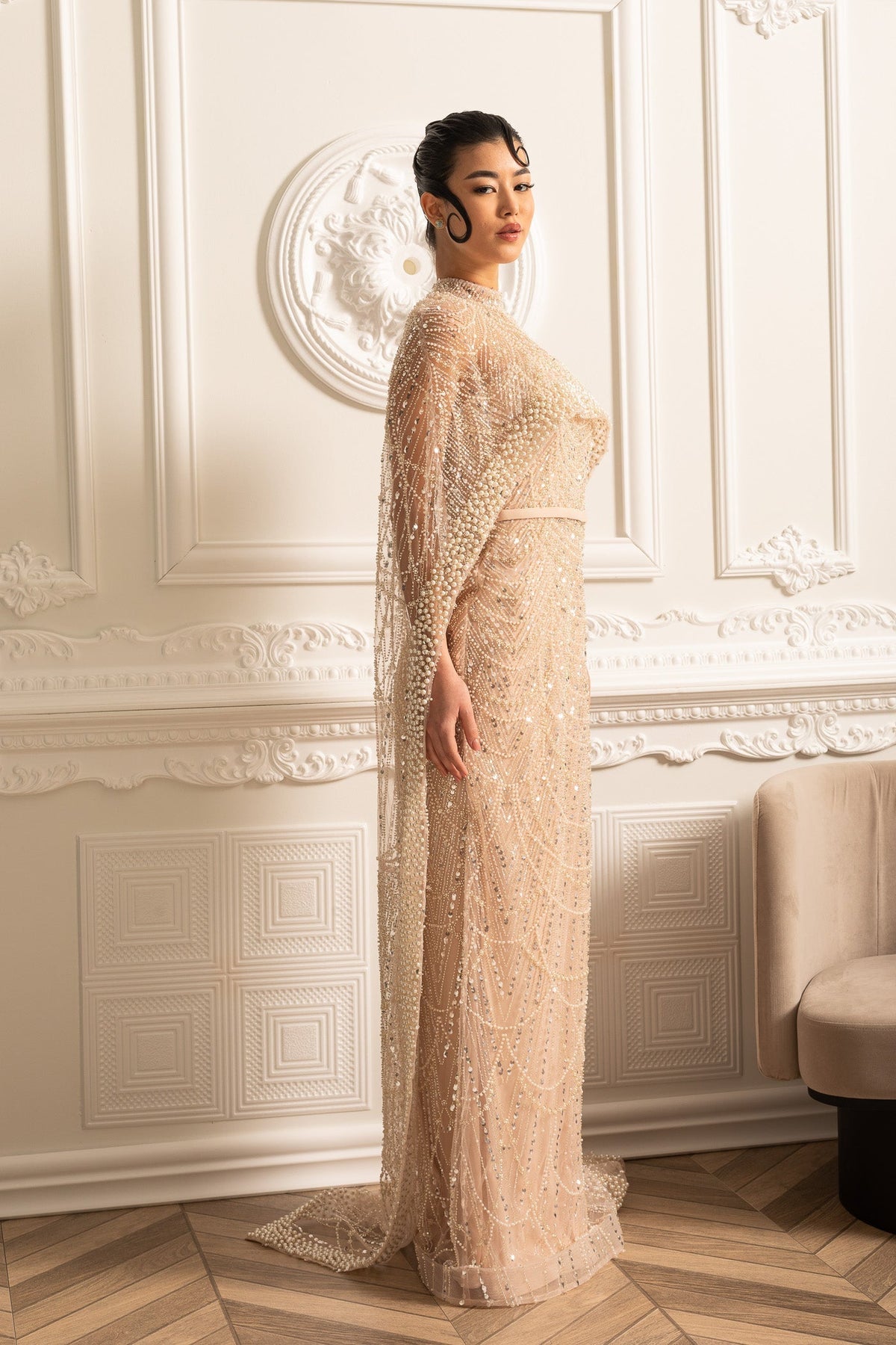 Beaded Sheer Corset Gown with Detachable Veil – Beige – view 14