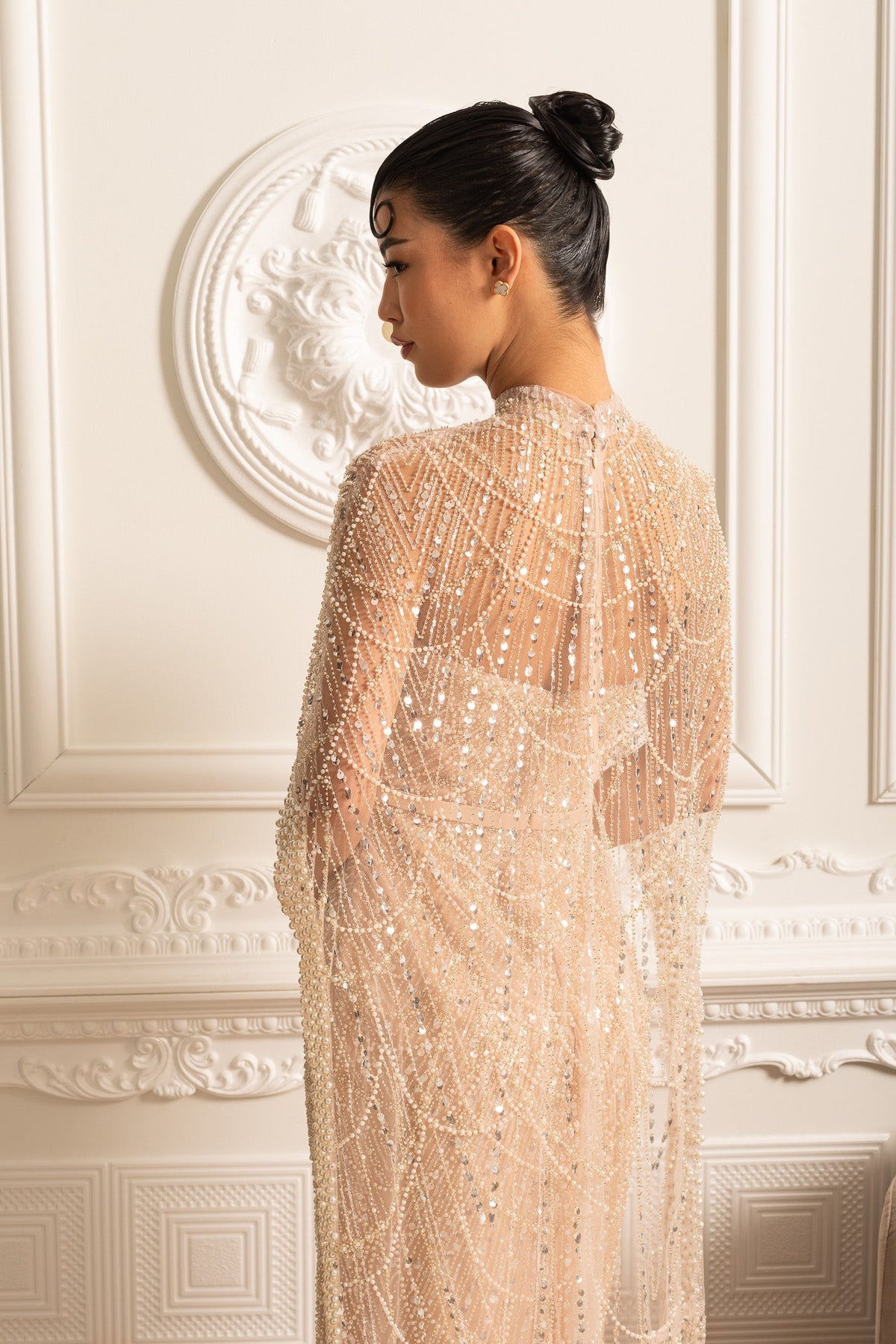 Beaded Sheer Corset Gown with Detachable Veil – Beige – view 15