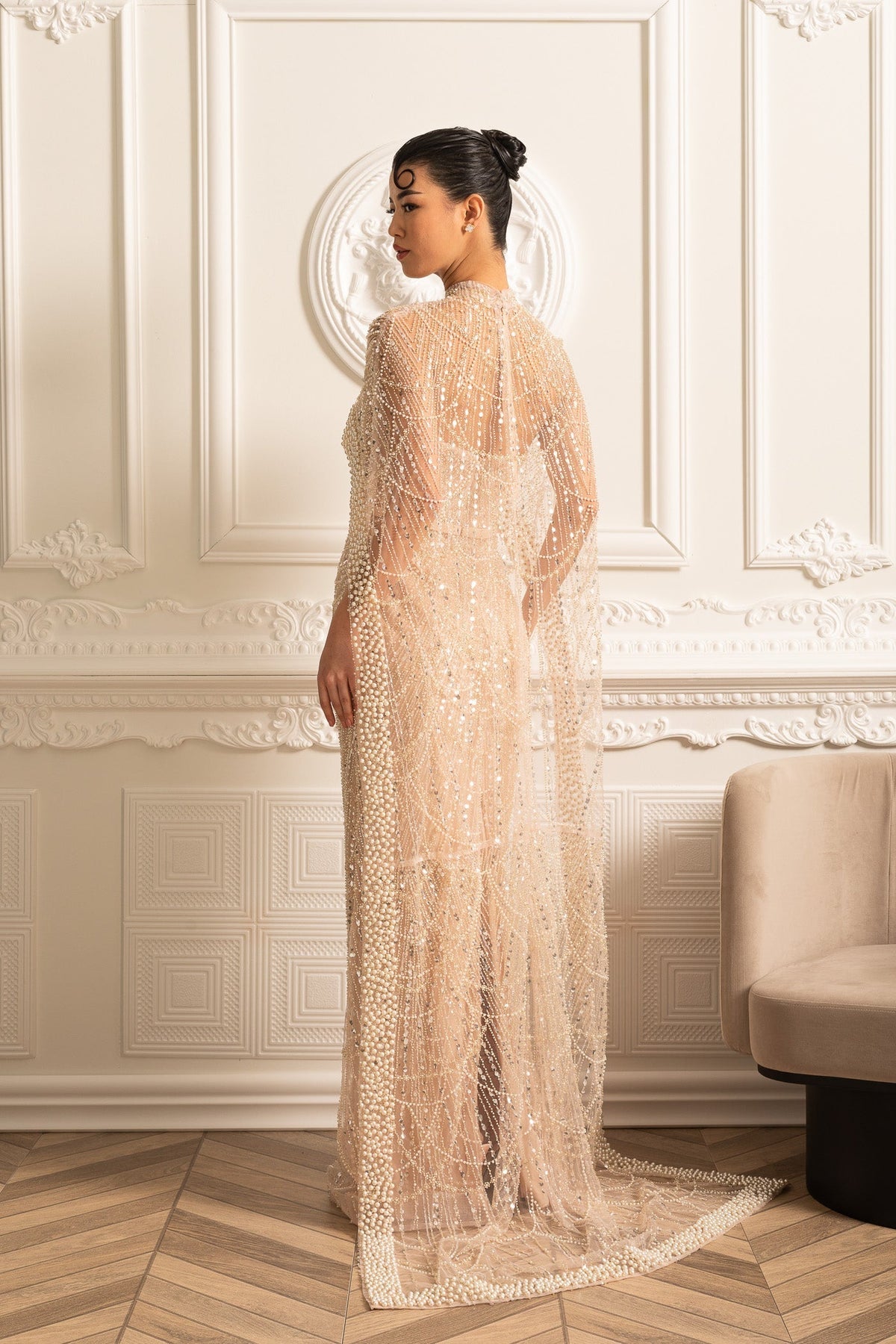 Beaded Sheer Corset Gown with Detachable Veil – Beige – view 3