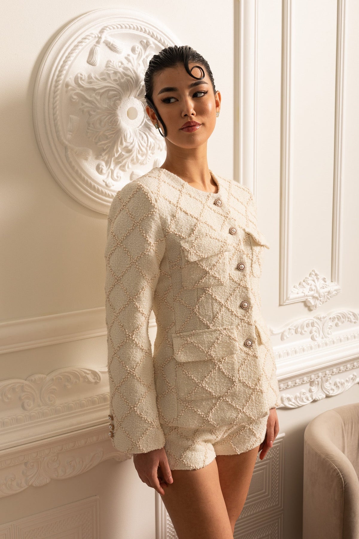 Diamond Textured Jacket and Shorts Set with Gold Buttons – Ivoire – view 8