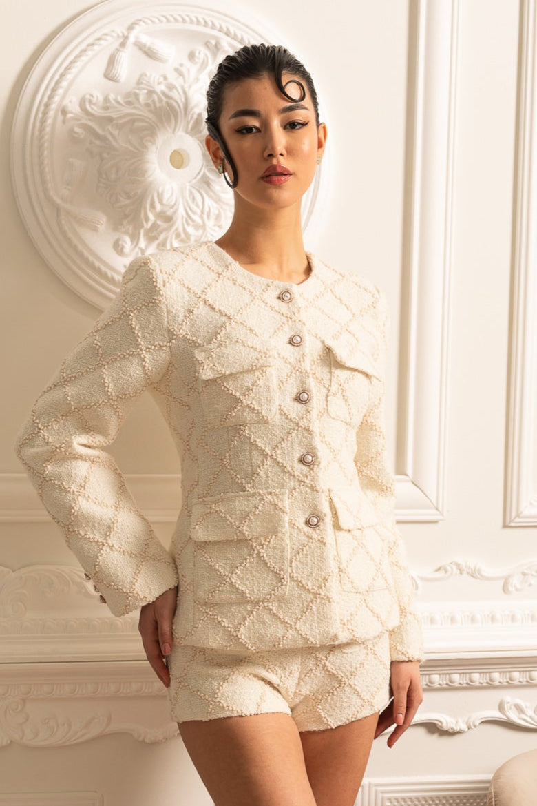 Diamond Textured Jacket and Shorts Set with Gold Buttons – Ivoire – view 1