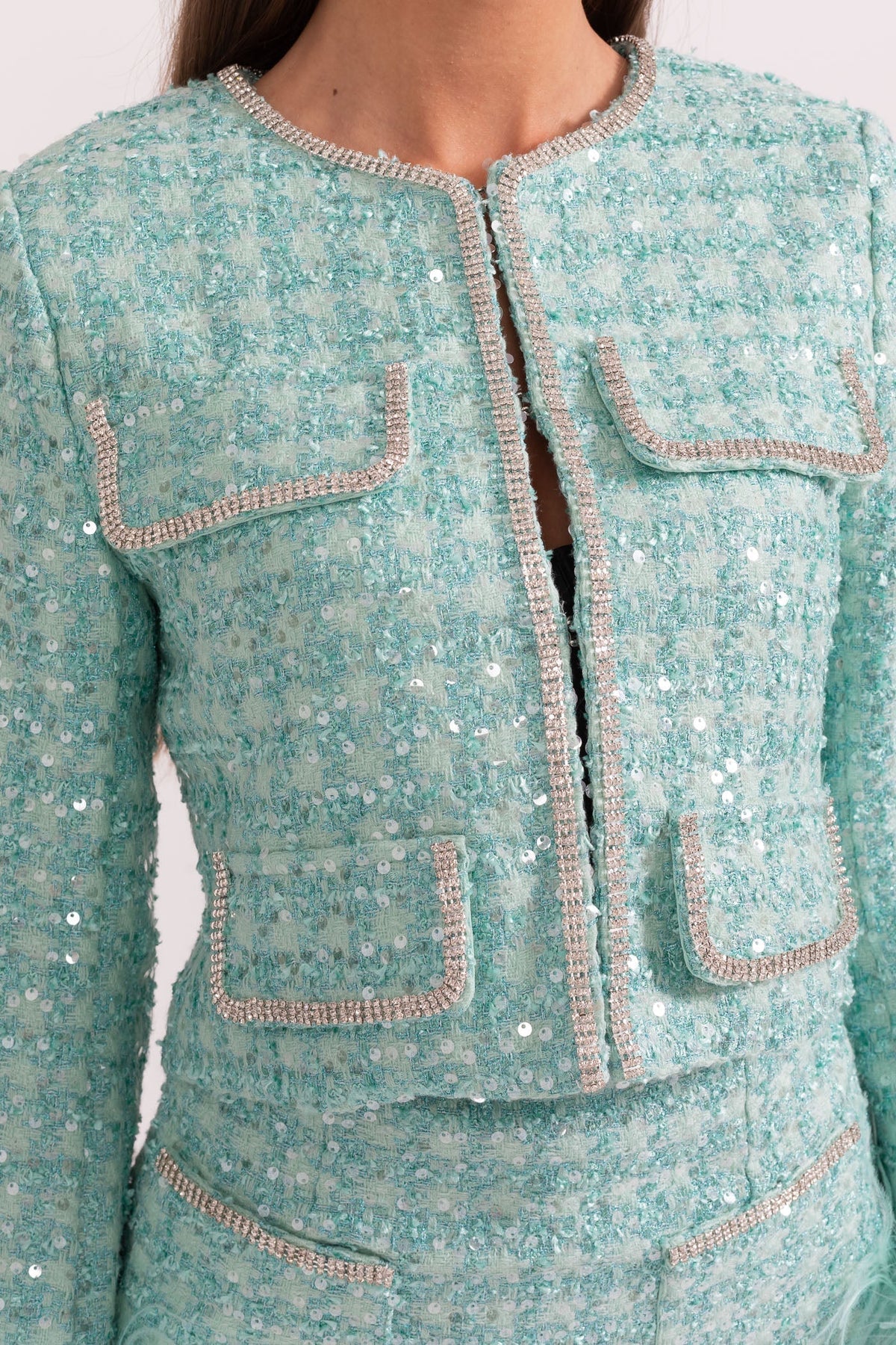 Sparkling Knit Jacket and Ruffle Hem Skirt Set – Mint Green