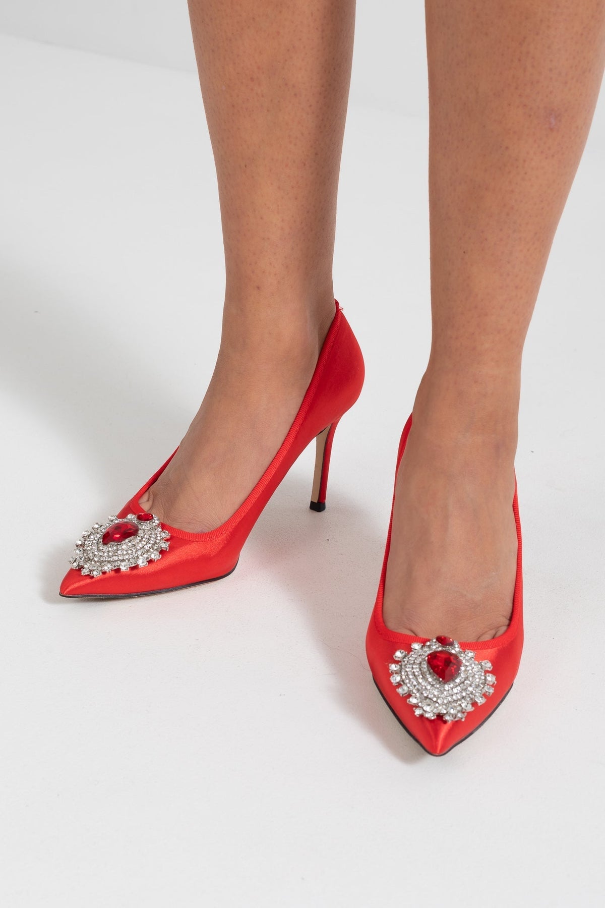 Satin Stiletto Heels with Silver Diamond and Red Stone Detail – Red – view 2