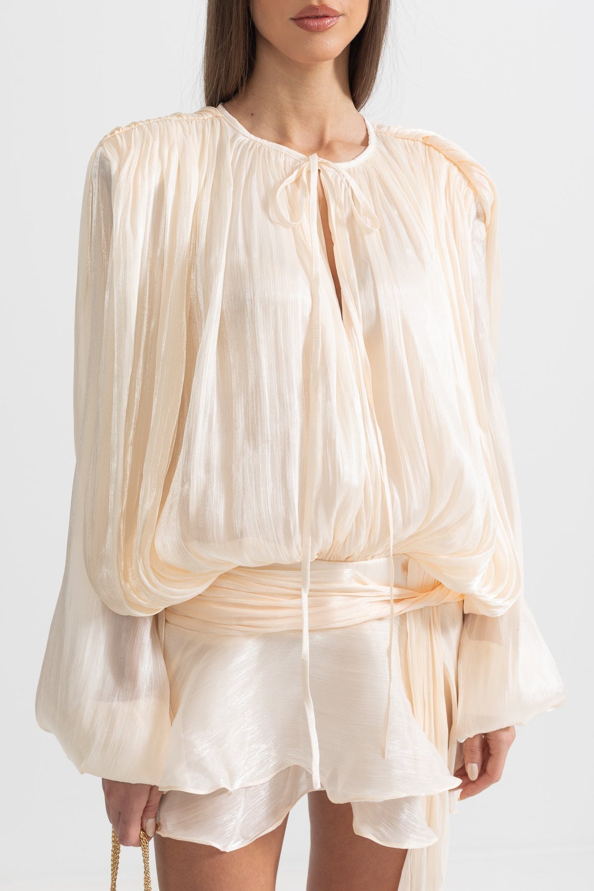 Pleated Long Sleeve Ruffle Mini Dress with Waistband – Apricot – view 8